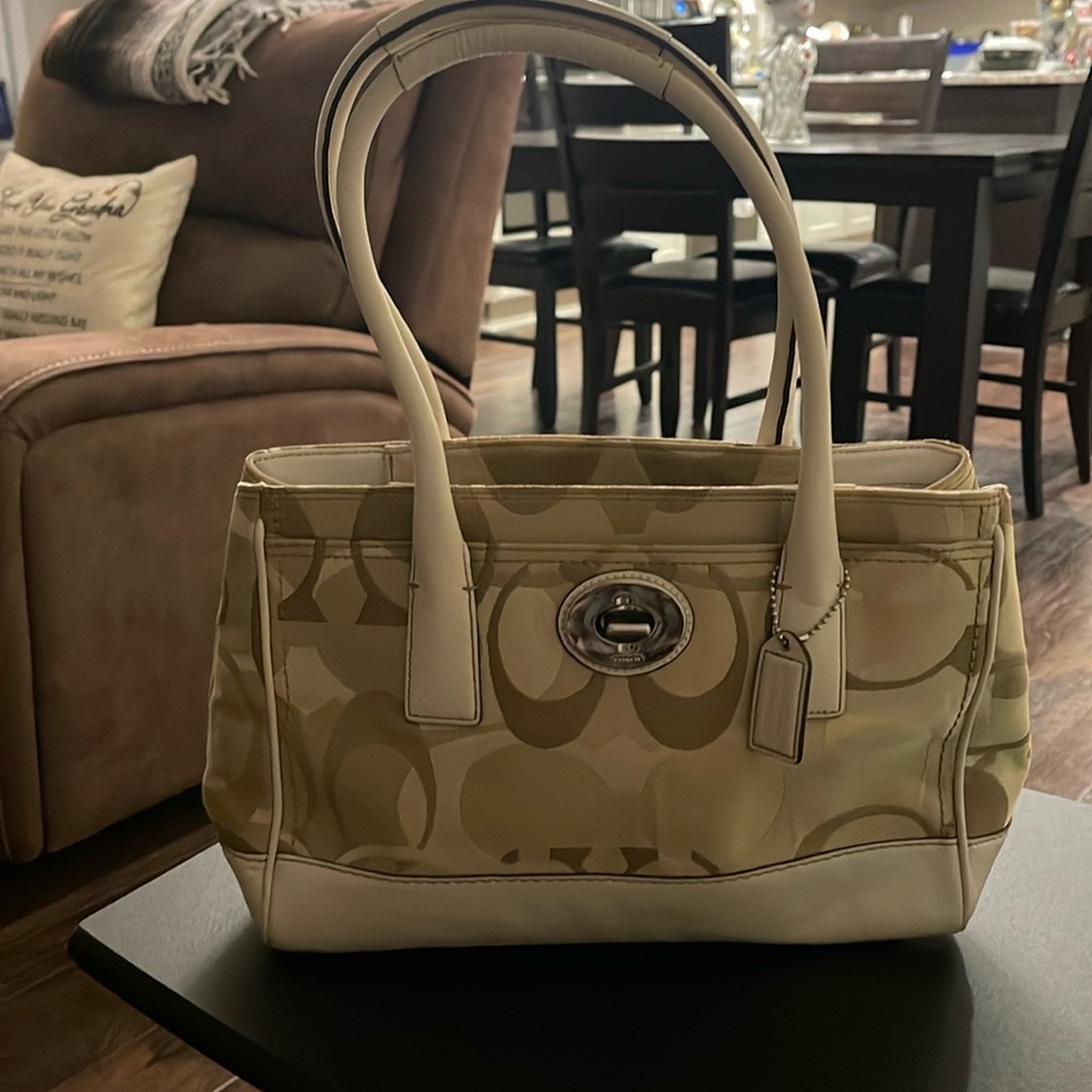 coach cream signature genuine leather canvas satchel